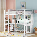 White Full Size Loft Bed with Multi-Storage Desk, LED Light, Bedside Tray, Charging Station, and 3 Drawers X664540