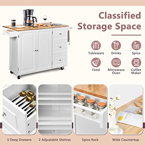 Kitchen Island with Stainless Steel Top, Rolling Kitchen Trolley Cart with Storage Cabinet, 3 Drawers, Towel & Spice Rack M683