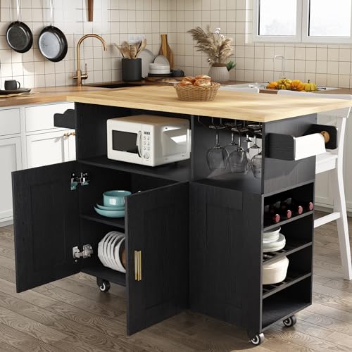 White Rolling Mobile Kitchen Island Cart with Drop Leaf Countertop and 5 Wheels N901