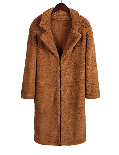 Womens Fuzzy Fleece Lapel Long Cardigan Faux Fur Warm Open Front Jackets Soft Sherpa Teddy Coat T386074