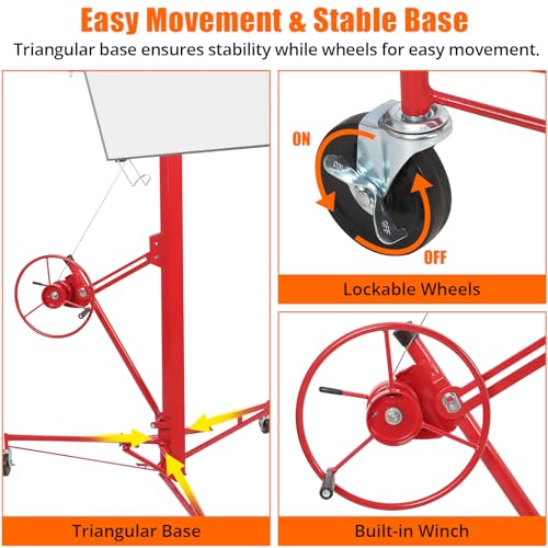 Red Drywall Lift 11FT 150LBS with 3 Lockable Wheels F5621