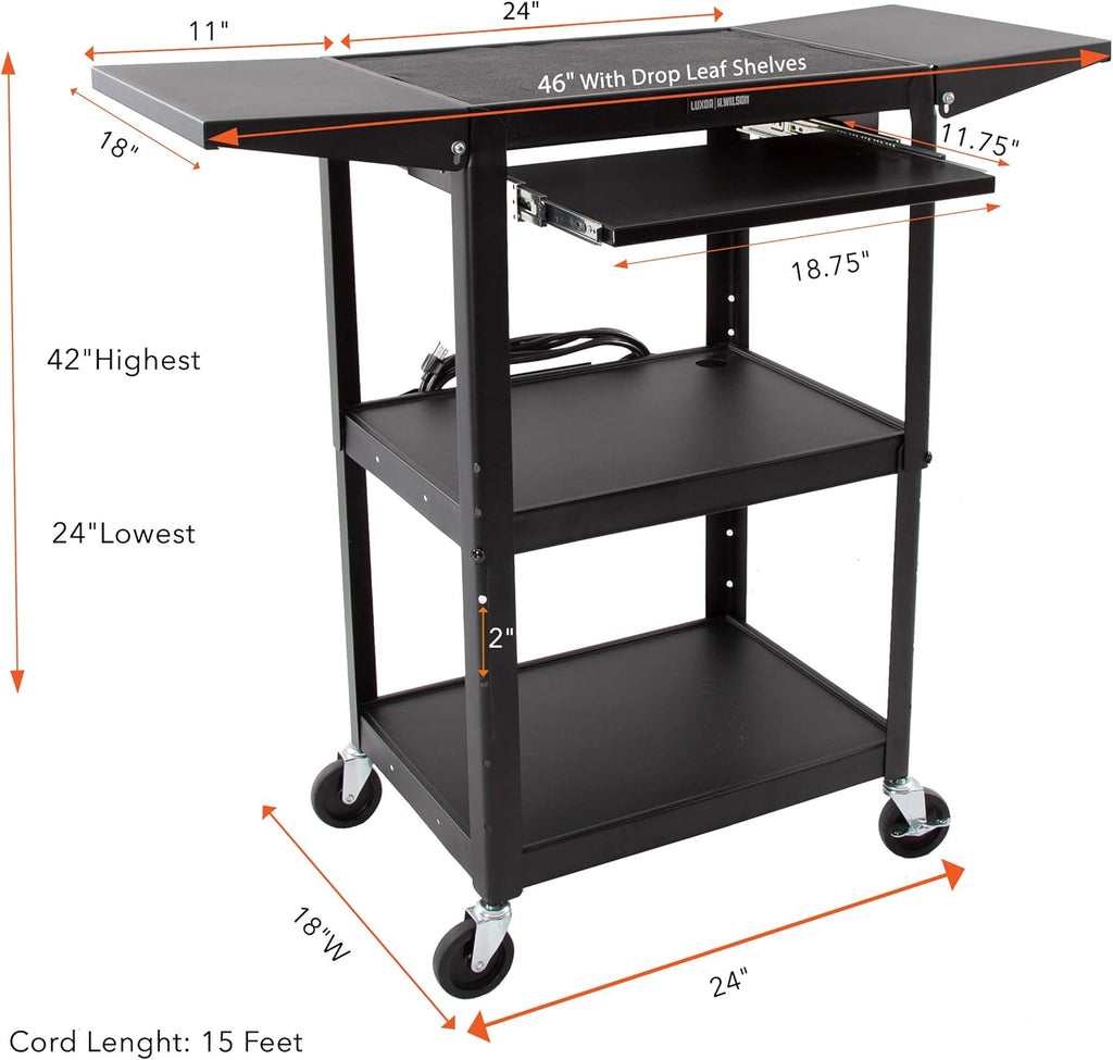 Black Height Adjustable Utility Cart with Drop Leaf Shelves and Pullout Laptop Tray Q6445