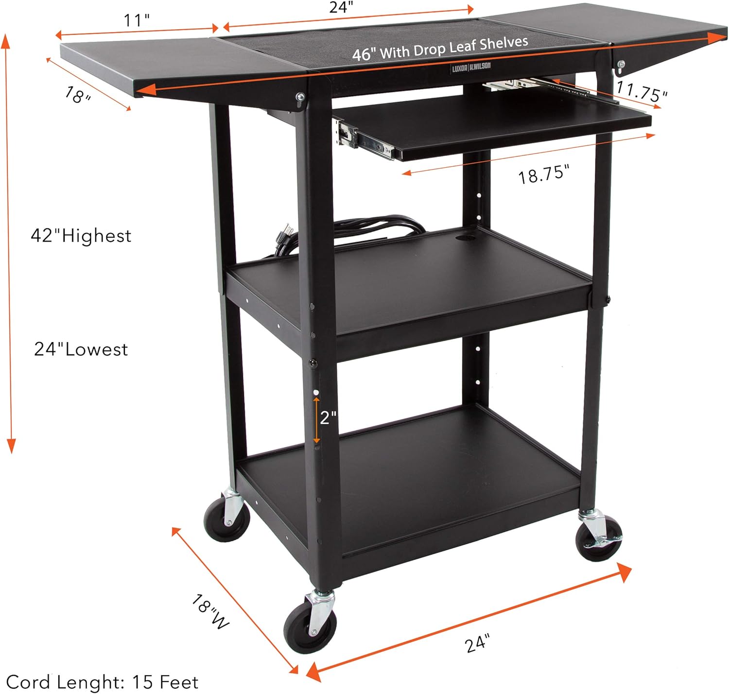 Black Height Adjustable Utility Cart with Drop Leaf Shelves and Pullout Laptop Tray Q6445
