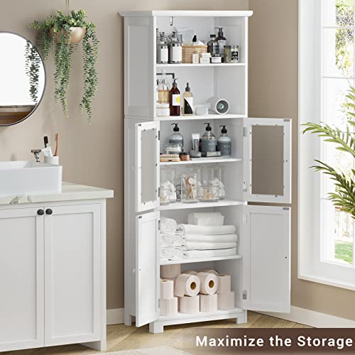 White Tall Bathroom Storage Cabinet with 2 Open Compartments and 2 Cabinets with Doors A5573