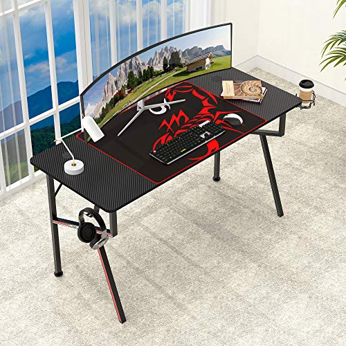 Black 47 Inch Gaming Desk with Mouse Pad Headset Hook Cup Holder Controller Stand P3167
