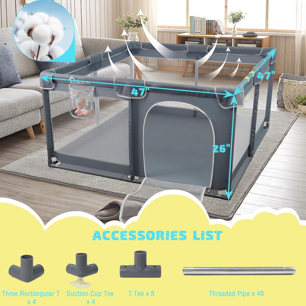 Large Square Baby Playpen with Breathable Mesh 50"x50" Grey L7090