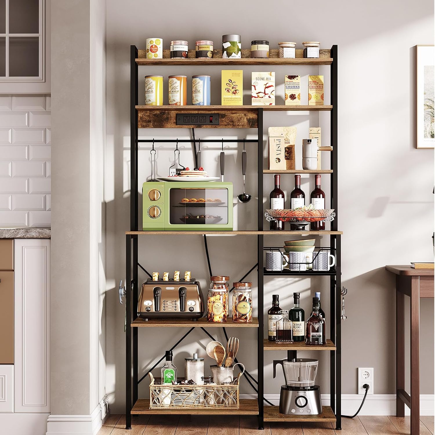 Rustic Brown and Black Floor Standing Bakers Rack with Power Outlet K65910