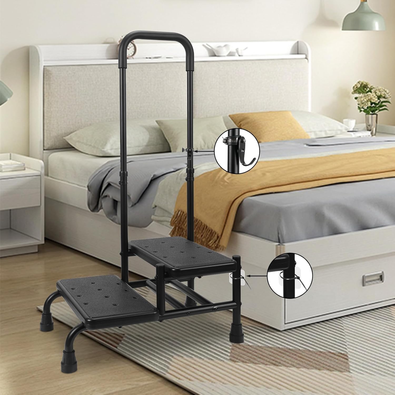 2 Step Stool with Handle, Heavy Duty Step Stool with 4 Fixing Buckle and Adjustable Handrail J413