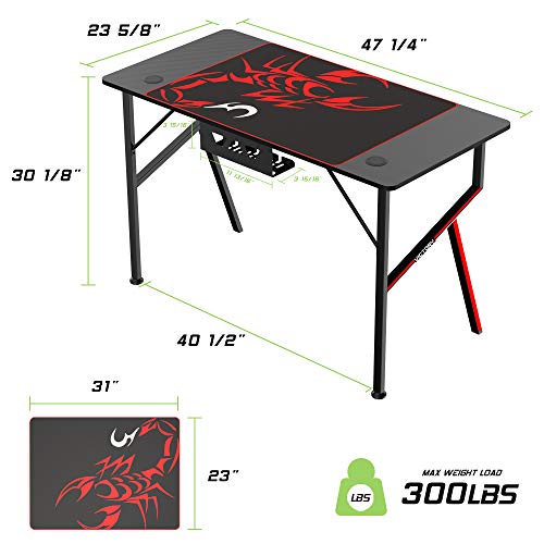 Black 47 Inch Gaming Desk with Mouse Pad Headset Hook Cup Holder Controller Stand P3167