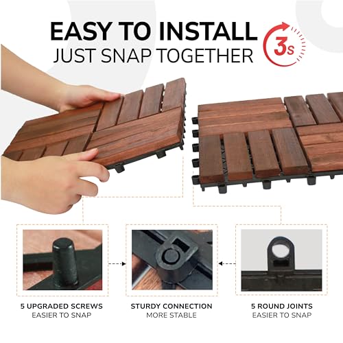 10 Pcs Interlocking Acacia Wood Patio Tiles, 12"x12", Teak D880273