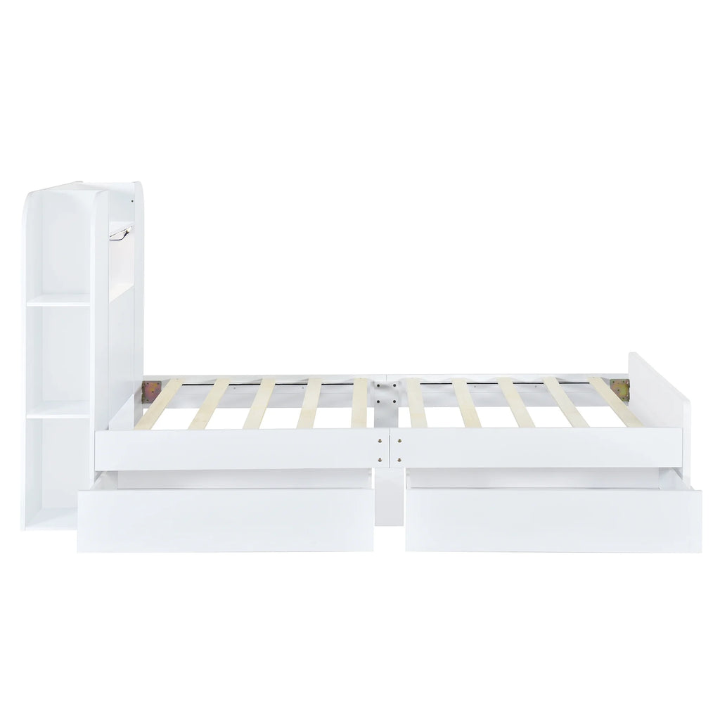 White Wood Twin Size Platform Bed with Storage Headboard and 2 Drawers B9876