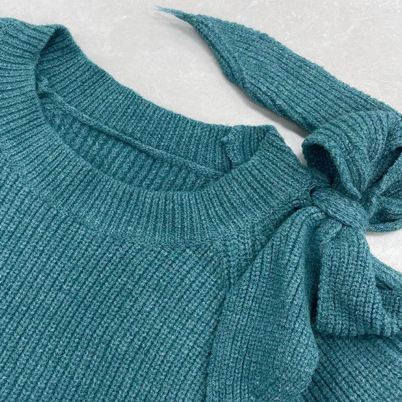 Women's Bow Shoulder Cut Out Sweater, Long Sleeve Cozy Knit Pullover