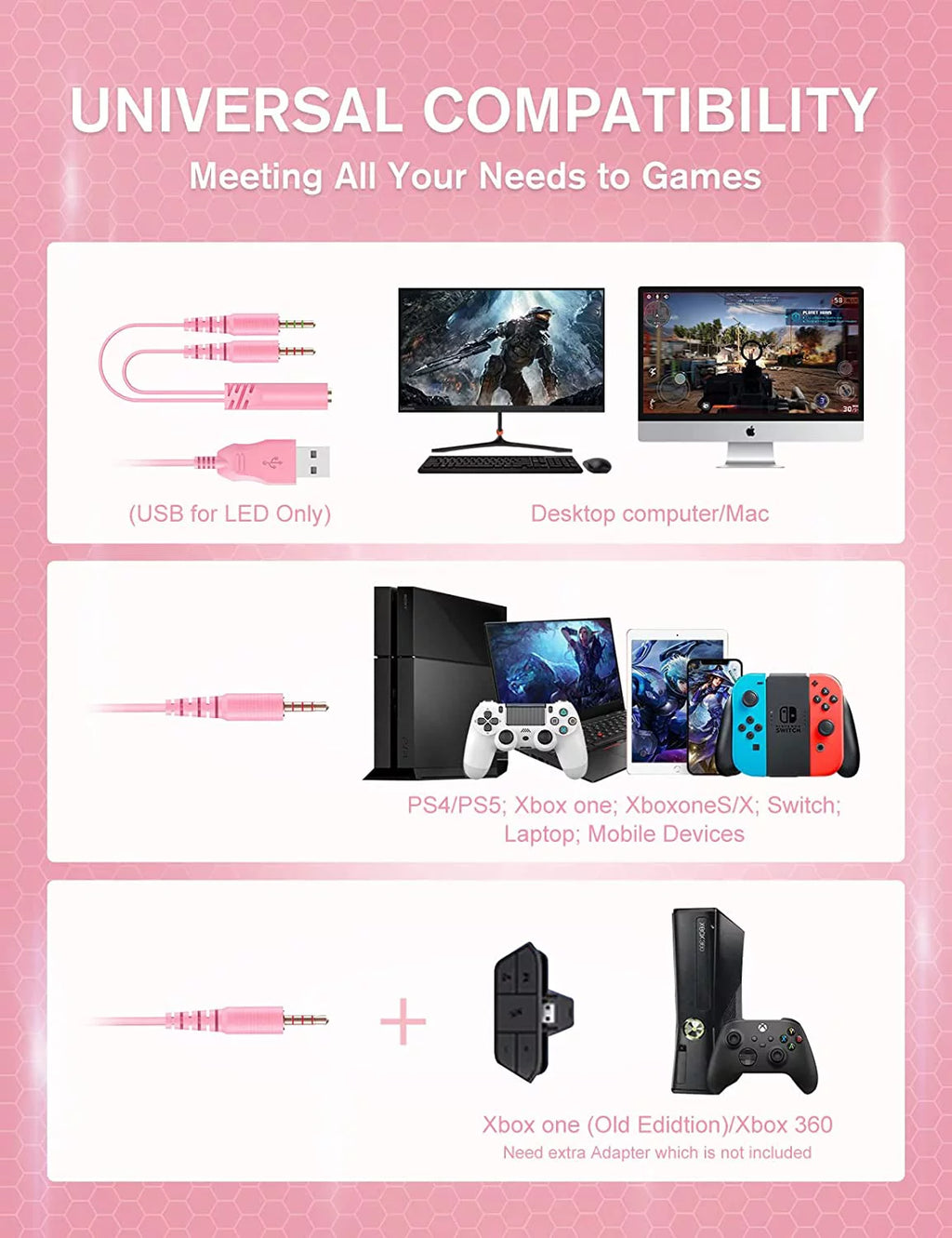 Pink Wired Over-Ear Gaming Headset with Noise Canceling Microphone V229395