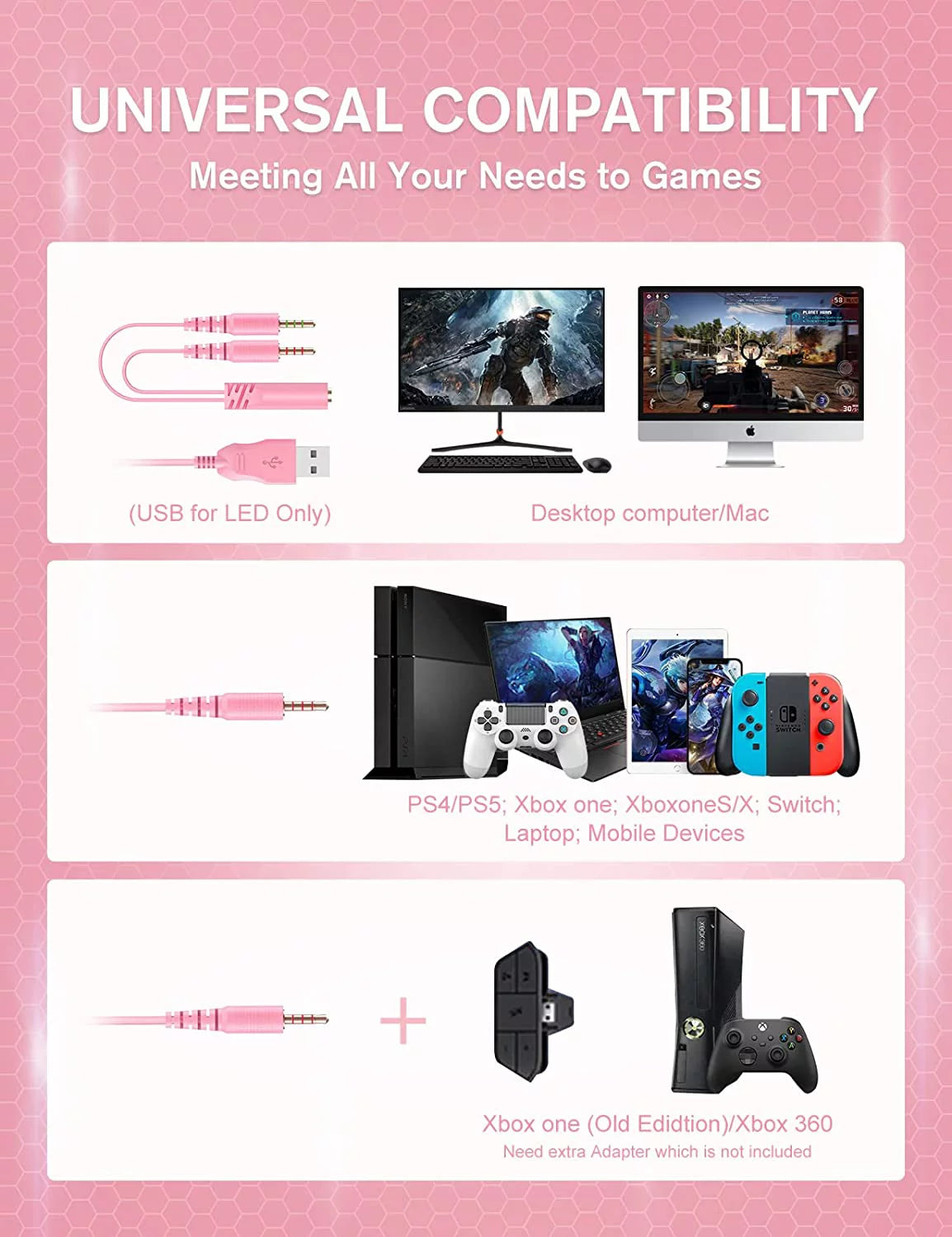 Pink Wired Over-Ear Gaming Headset with Noise Canceling Microphone V229395