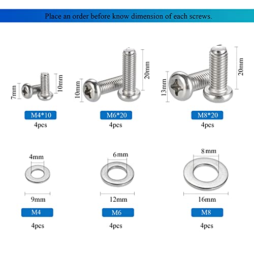 24pcs M4 M6 M8 Stainless Steel Screws Washers TV Mount Hardware Kit F2075