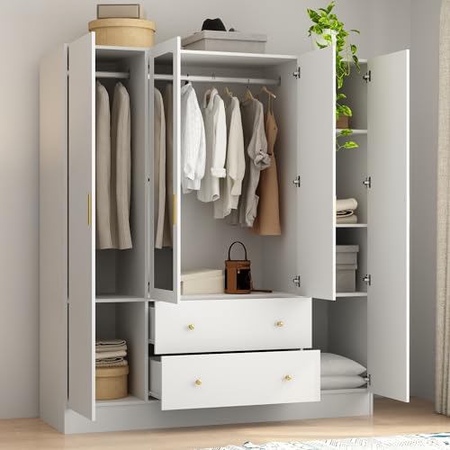 Black Brown 4-Door Armoire Wardrobe with Mirror, 2 Drawers, 2 Hanging Bars, 7 Shelves I639369