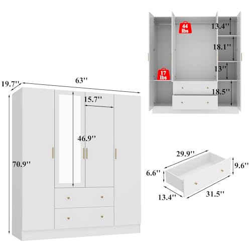 Black Brown 4-Door Armoire Wardrobe with Mirror, 2 Drawers, 2 Hanging Bars, 7 Shelves I639369