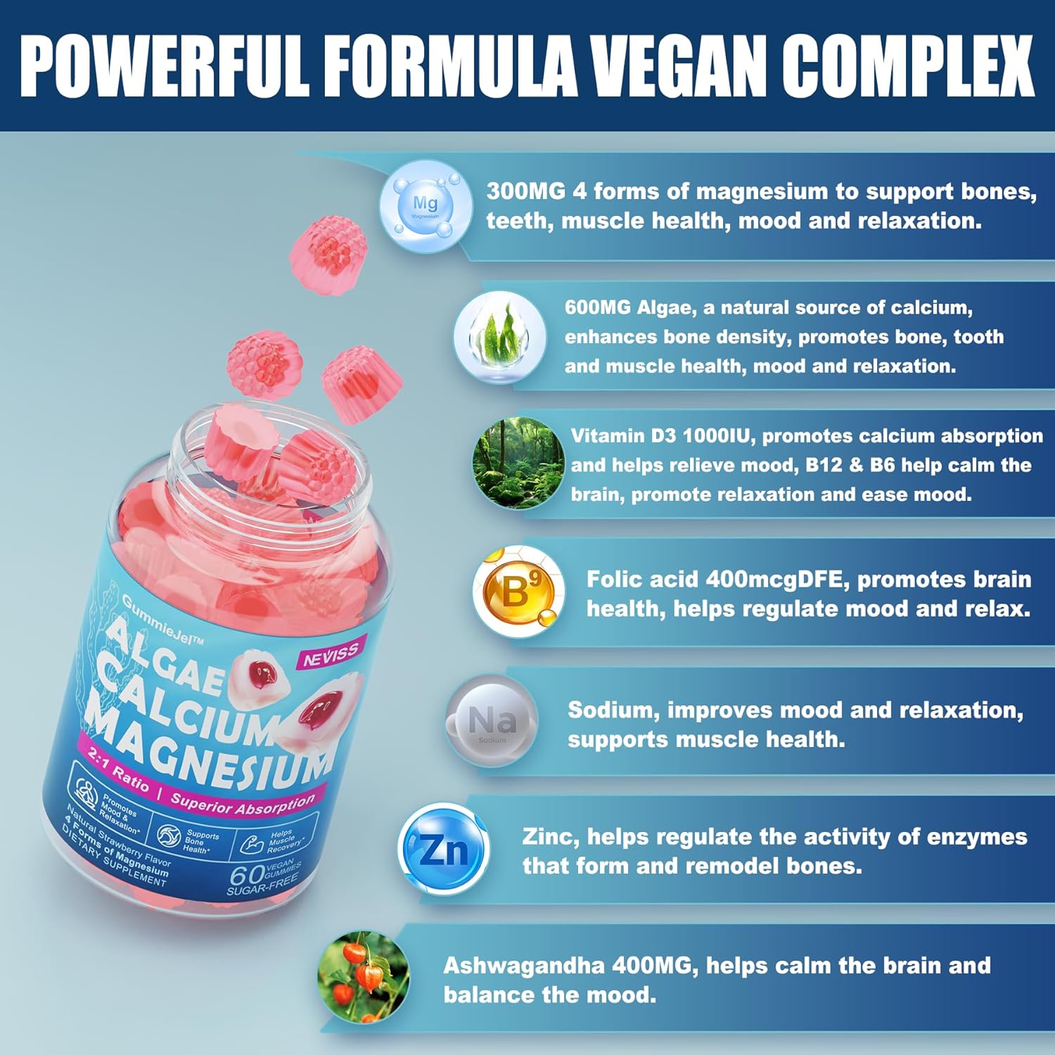 Calcium Supplement Gummy with Algae Calcium 600mg, Magnesium 300mg, Zinc, D3 & B12 Complex, 1Pack F11050