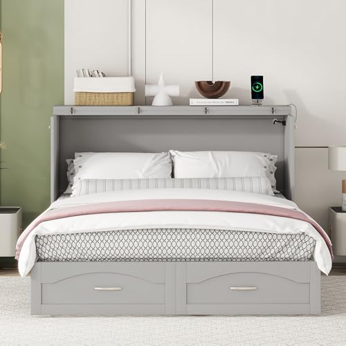 Queen Grey Solid Wood Murphy Bed with Drawer X629743