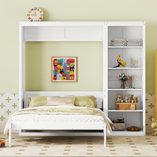 White Full Size Murphy Bed with Storage Shelves P221271