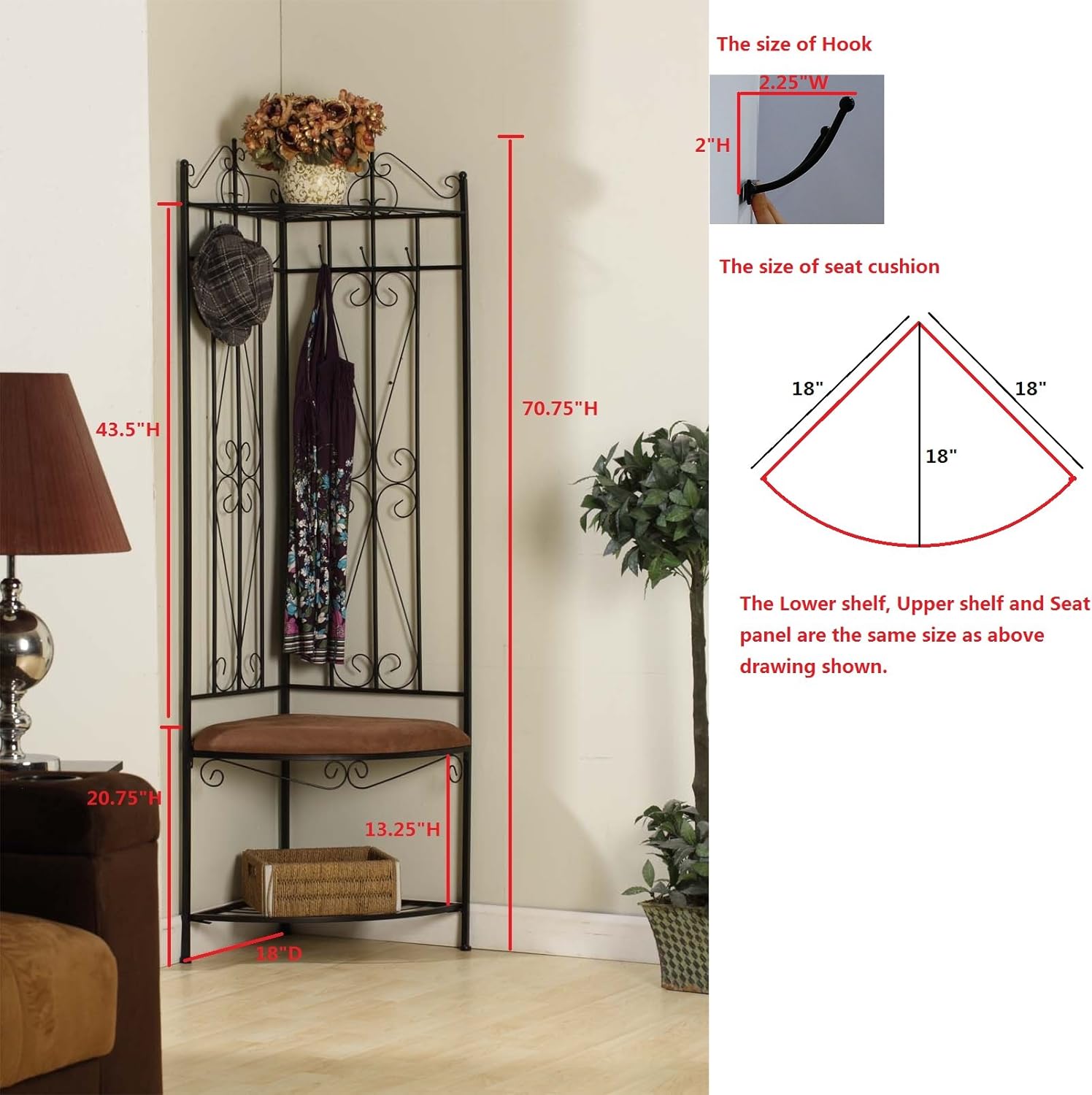 Black/Brown 6 Hook Corner Hall Tree with Bench & Shoe Storage W909