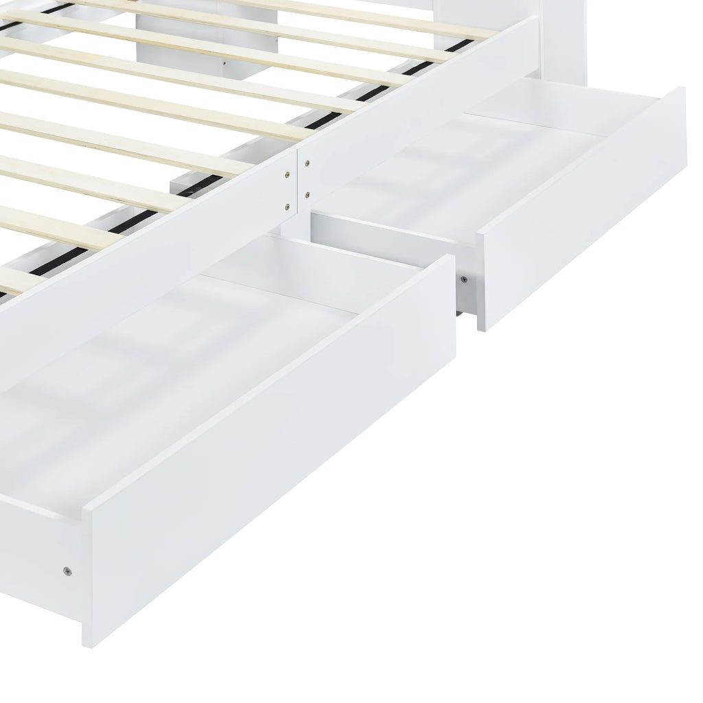 White Wood Twin Size Platform Bed with Storage Headboard and 2 Drawers B9876