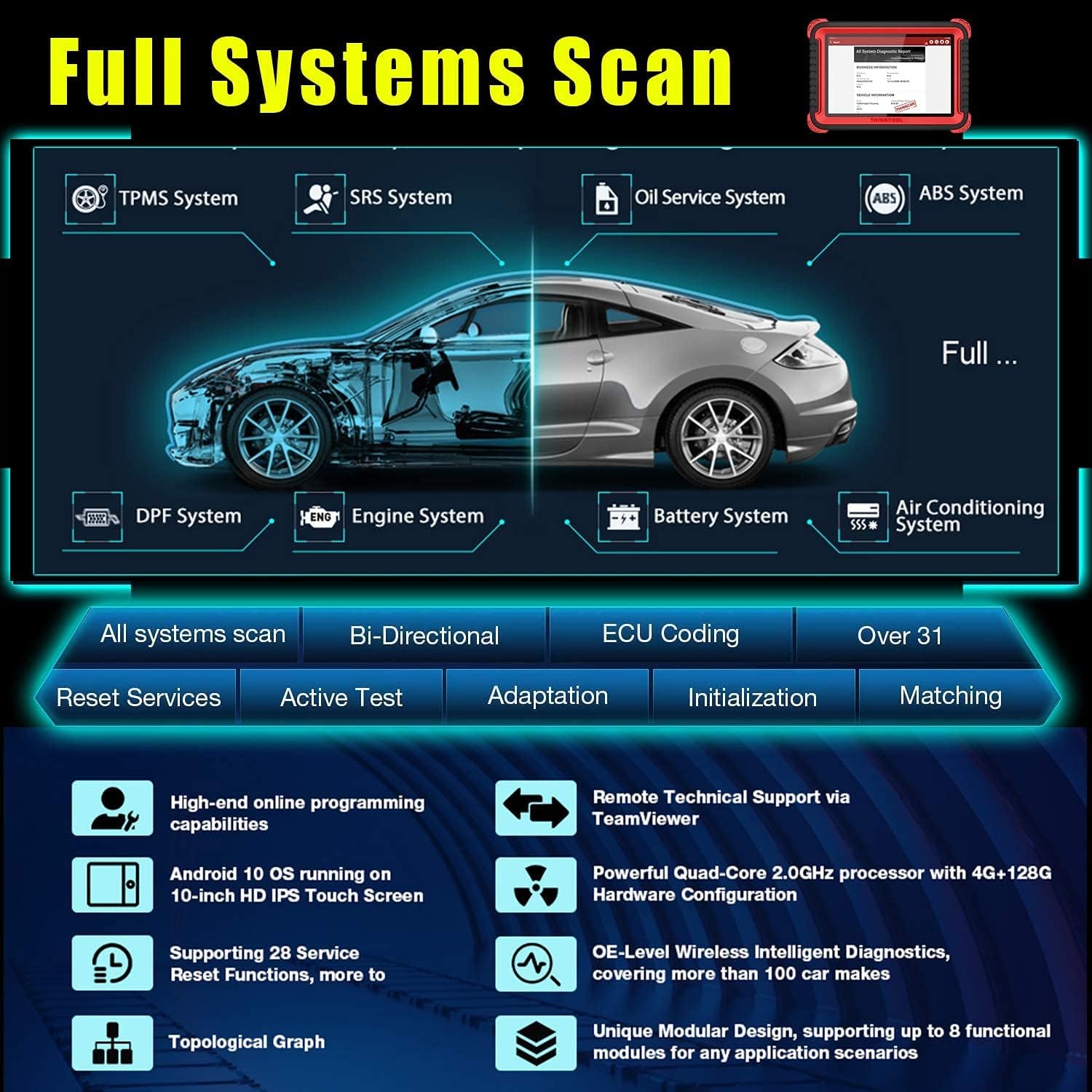 Bi-Directional Scanner Full Systems Diagnostic Scan Tool, 31+ Reset Functions, Key Matching, ECU Coding, ADAS Calibration, 2 Years Update H9065