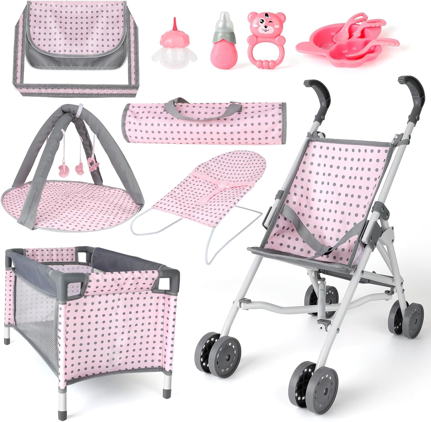 Baby Doll Stroller Crib Bed Nursery Role Play Set with Accessories and Play Mat K104