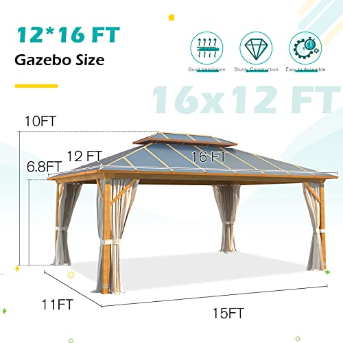 10' x 12' Hardtop Gazebo with Galvanized Steel Double Roof, Aluminum Frame, Netting and Curtains P431