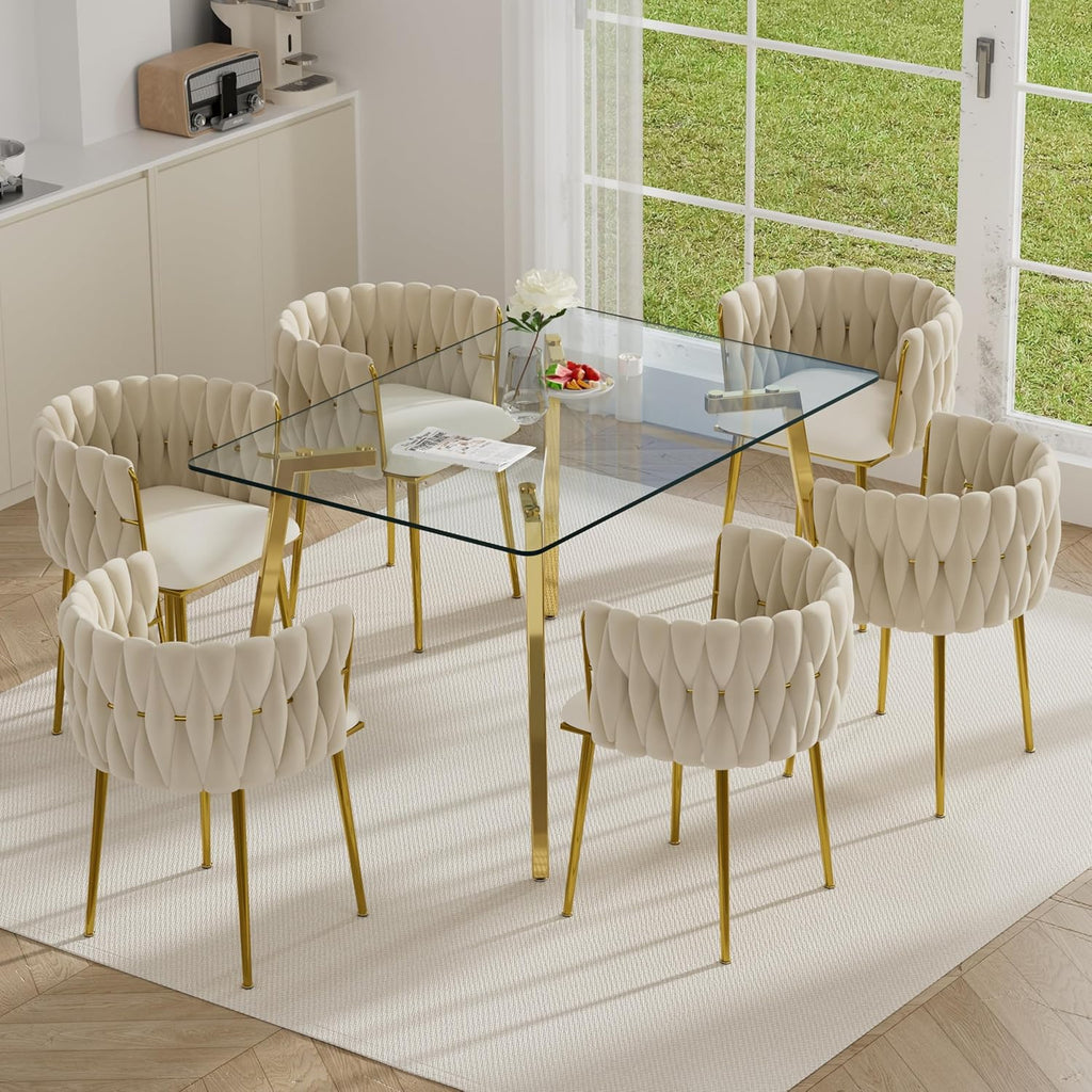 7 PCS Clear Glass Dining Table Set with Beige Woven Chairs R783