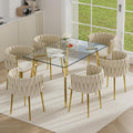 7 PCS Clear Glass Dining Table Set with Beige Woven Chairs R783