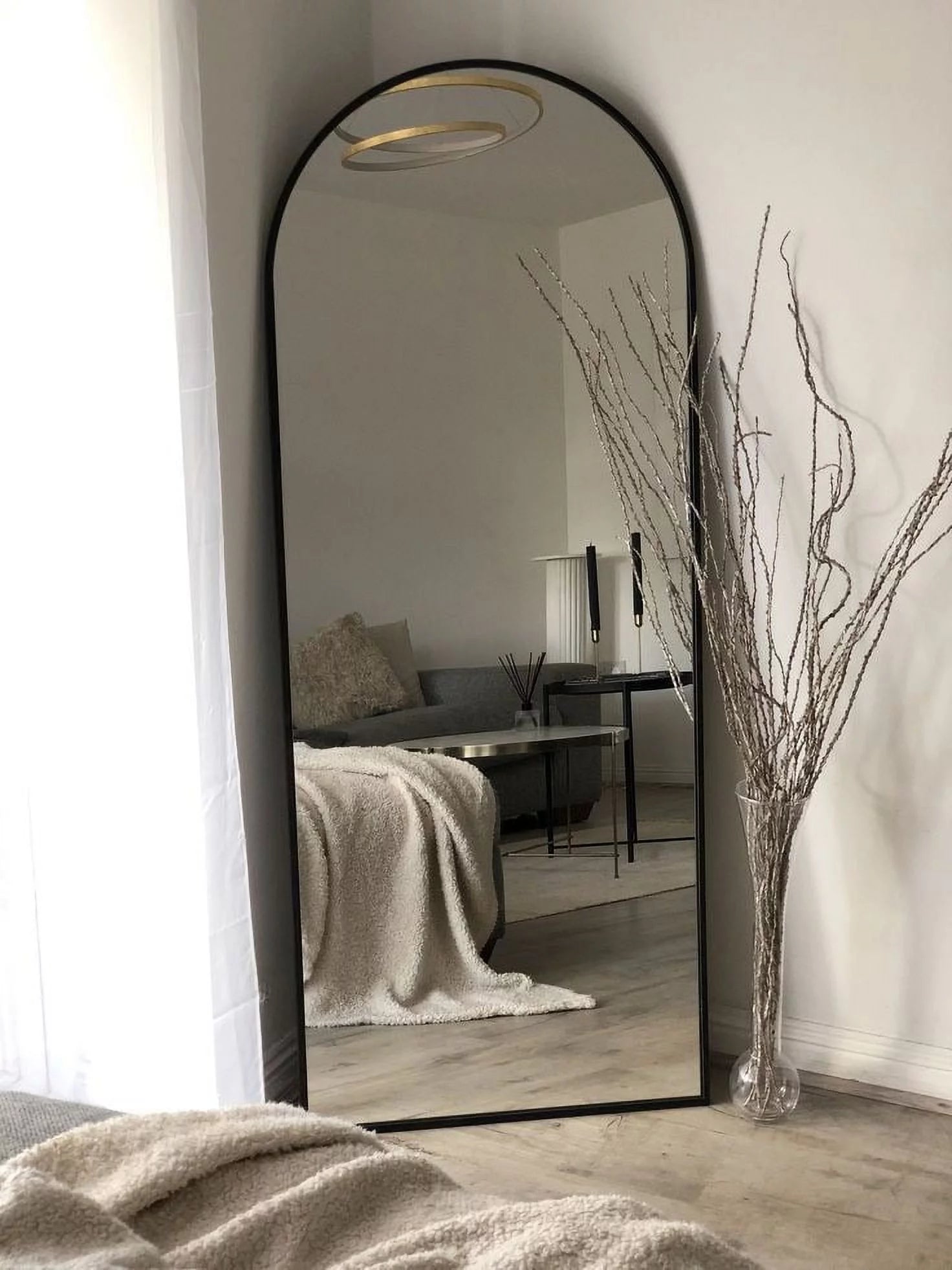 64"x21" Arched Full Length Floor Mirror with Aluminum Frame (Black) H798