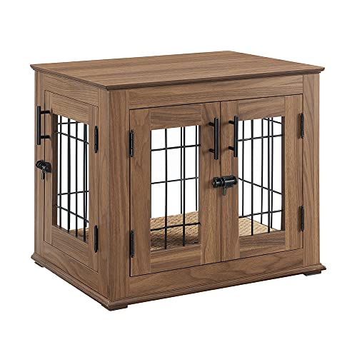 Double Doors Wooden Wire Dog Crate with Pet Bed Y73705