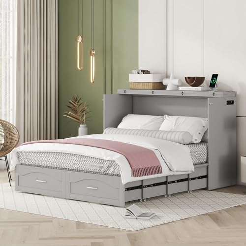 Queen Grey Solid Wood Murphy Bed with Drawer X629743