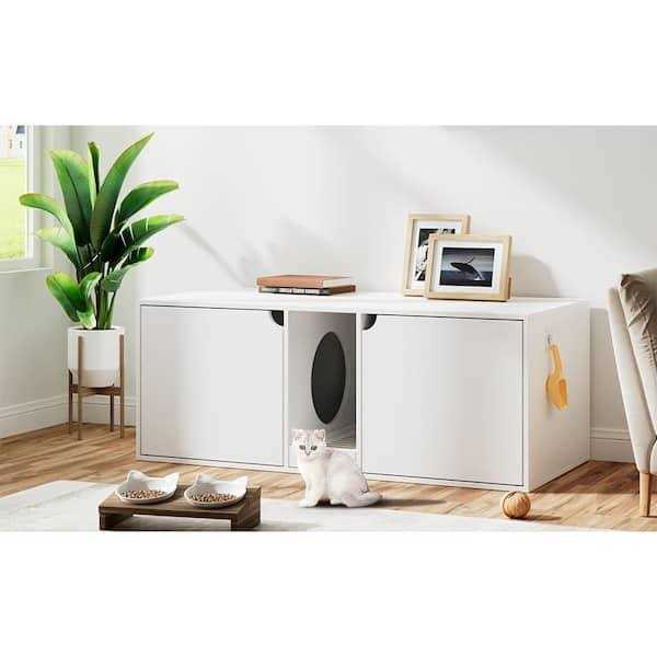 White Wood Side End Table Cat Litter Box with Double Room E14812