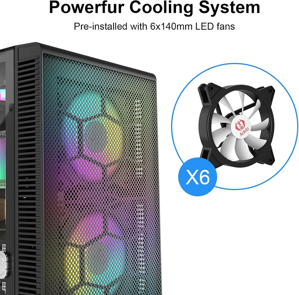 ATX Mid-Tower PC Gaming Case with 6 x 140mm Fans Glass Side Panel B396