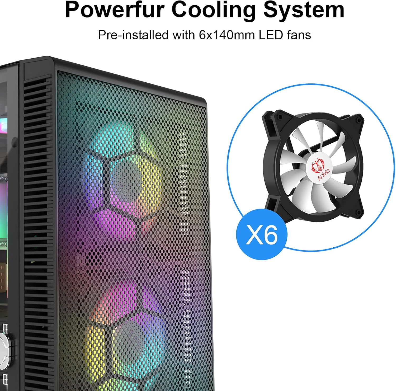 ATX Mid-Tower PC Gaming Case with 6 x 140mm Fans Glass Side Panel B396