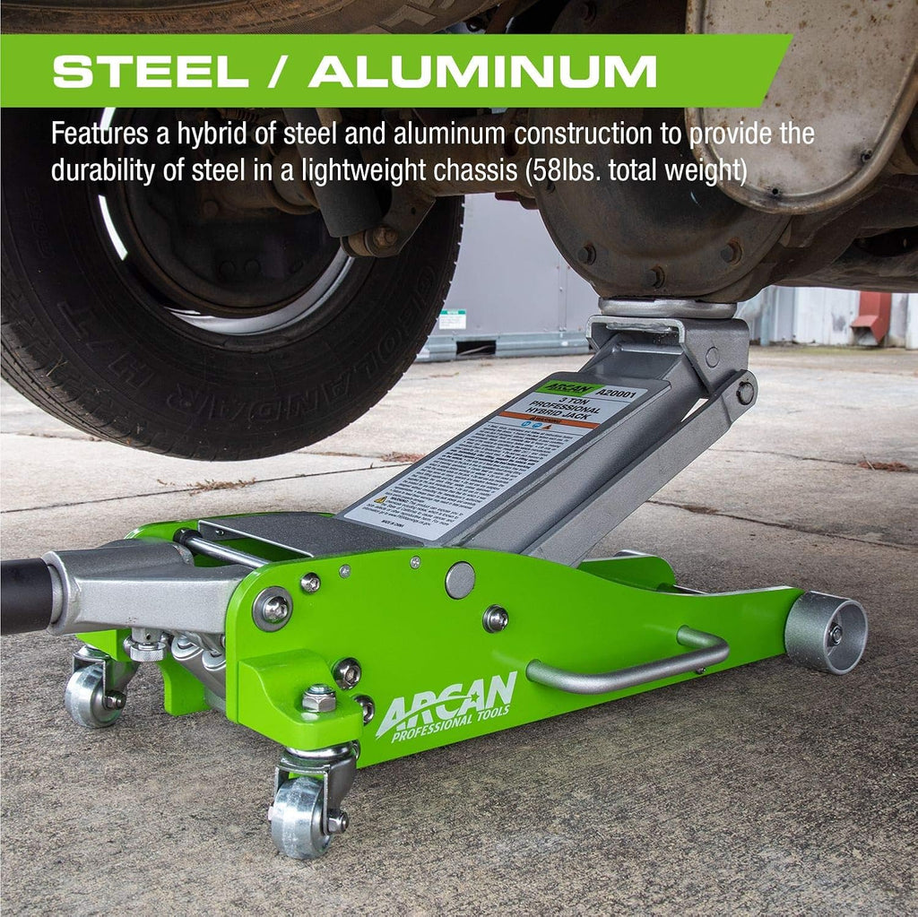 3 Ton 6,000 lbs Hybrid Heavy Duty Aluminum and Steel Low Profile Floor Jack and 6-Ton Steel Jack Stands A6854