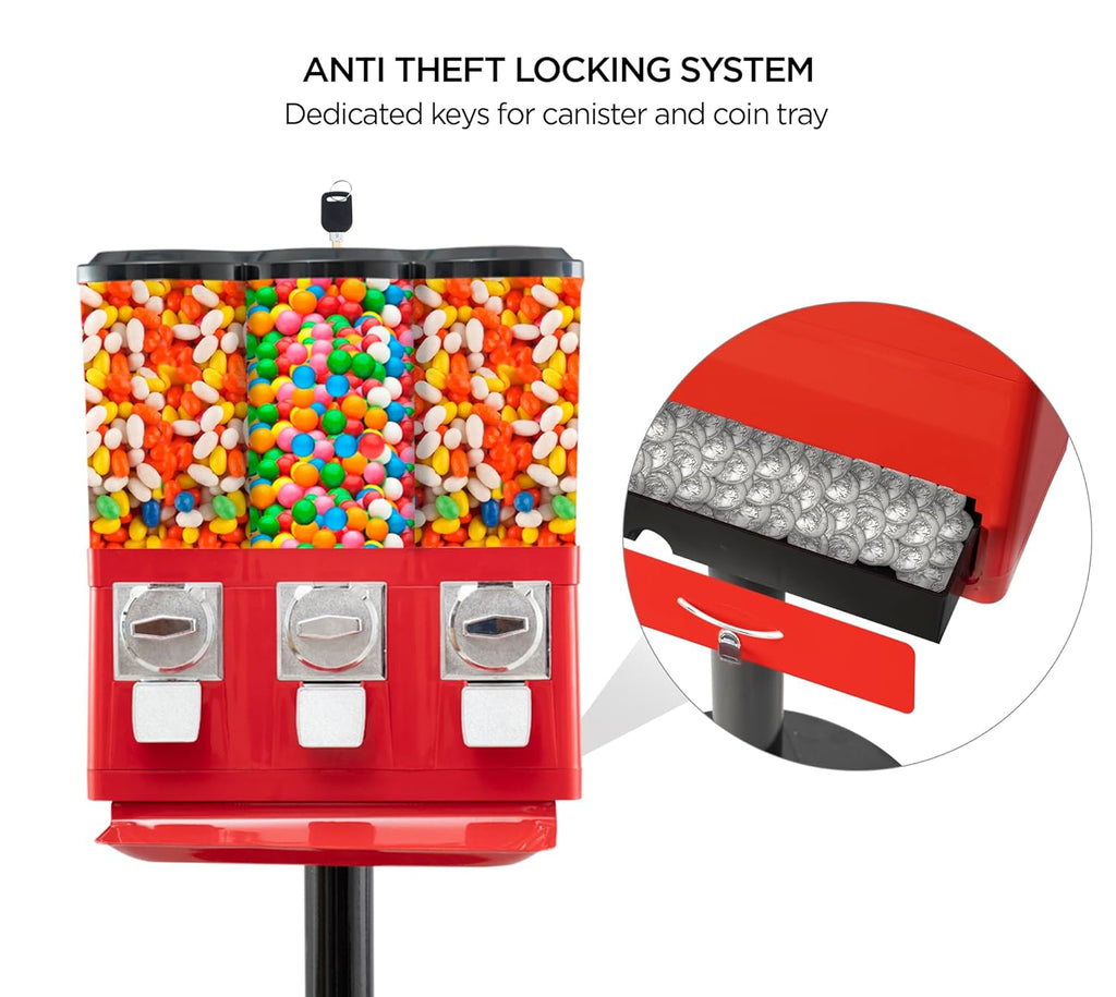 Triple Candy Vending Machine with 3 Removable Canisters and Quarter Coin Operated Anti-Theft Lock O318777