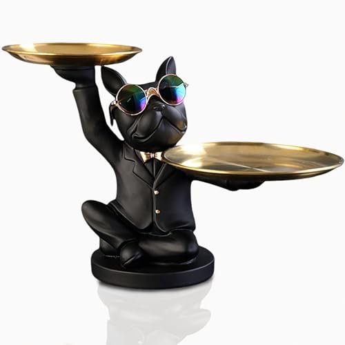 Resin French Bulldog Sculpture with 2 Metal Trays Q5747