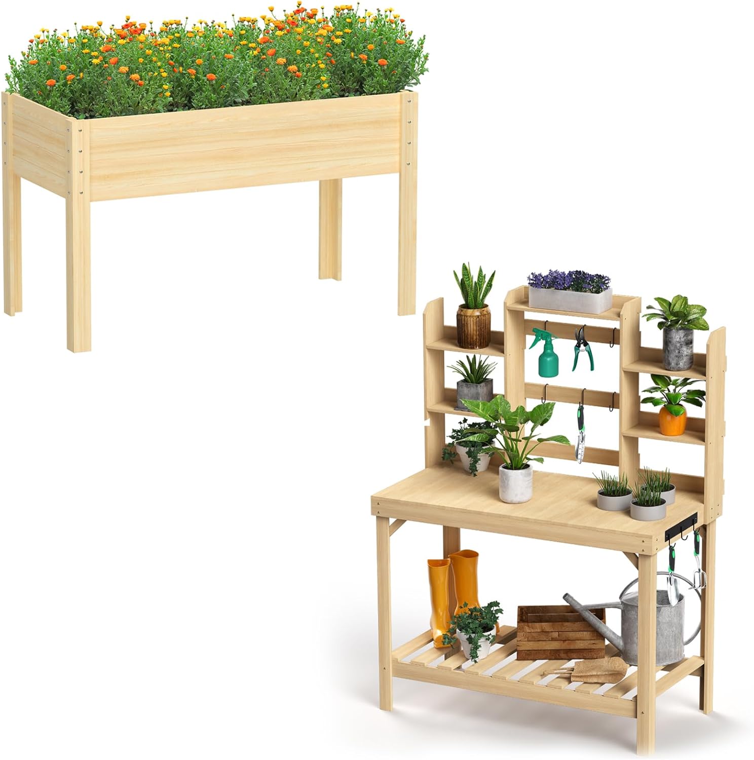 Wooden Potting Bench Table with Raised Garden Bed H49914