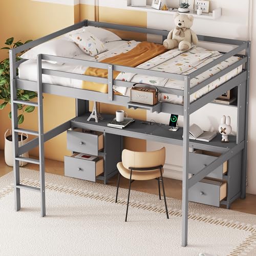 Gray Full Size Wooden Loft Bed with Desk and Storage, 4 Drawers & 4 Shelves R647919