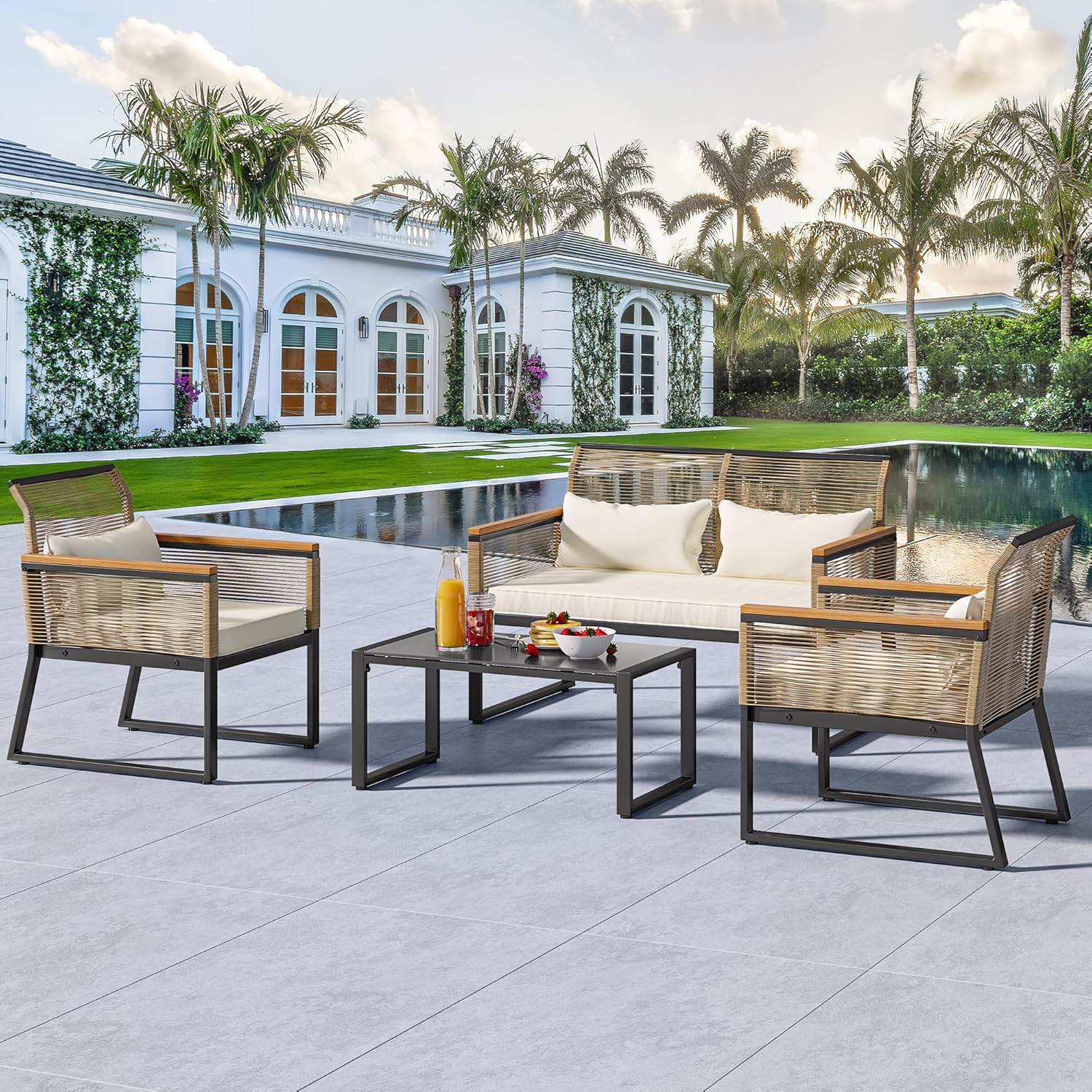 4-Piece All Weather Rattan Conversation Loveseat with Gray Cushions and Metal Coffee Table Y69445