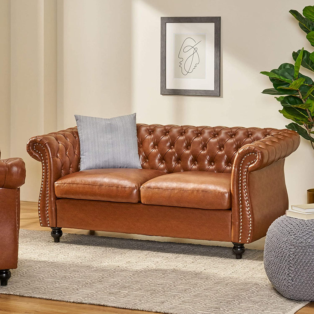 Cognac Brown Dark Brown Traditional Chesterfield Loveseat F91831