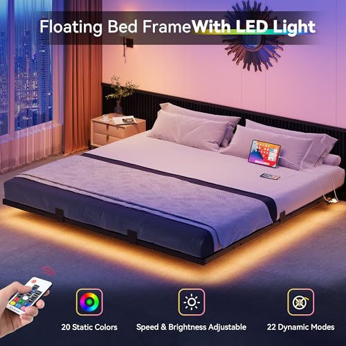 Black Metal Full Size LED Bed Frame with Charging Station S4471