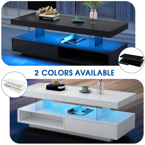 Black LED Coffee Table with Storage and Sliding Drawers Y819