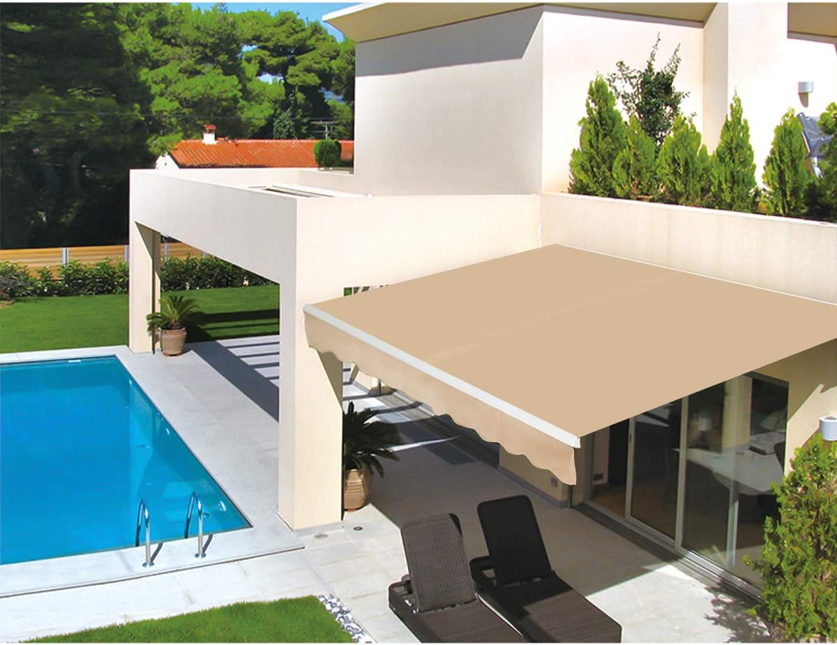 Beige Retractable Patio Awning with Manual Crank Handle O71820