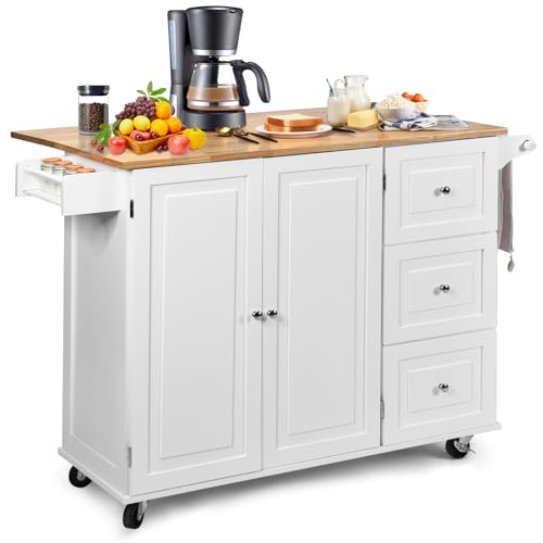 Kitchen Island with Stainless Steel Top, Rolling Kitchen Trolley Cart with Storage Cabinet, 3 Drawers, Towel & Spice Rack M683