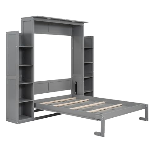 Queen Size Wood Murphy Bed with Shelves and LED Lights, Grey L70062