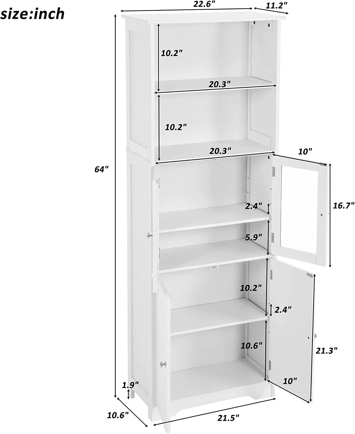 White Storage Cabinet with Glass Doors and Adjustable Shelves Q75575